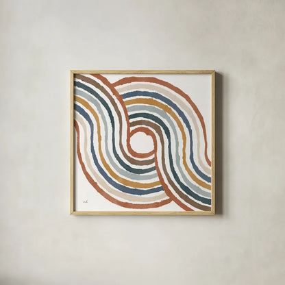 Rainbow Road II Thick Lines by Moira Hershey. Shown in a natural wood glass frame for a timeless modern aesthetic. Available as an archival giclee rolled canvas, fine art paper, or poster print. SKU 57811a.