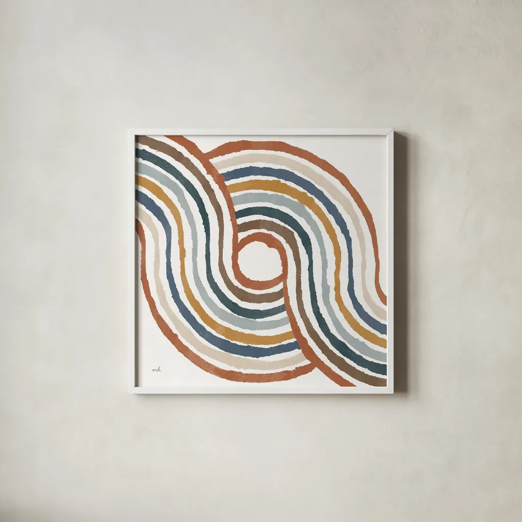 Rainbow Road II Thick Lines by Moira Hershey. Shown in a crisp white glass frame for a clean and minimalist style. Available as an archival giclee rolled canvas, fine art paper, or poster print. SKU 57811a.