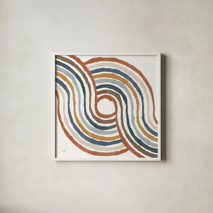 Rainbow Road II Thick Lines by Moira Hershey. Shown in a crisp white glass frame for a clean and minimalist style. Available as an archival giclee rolled canvas, fine art paper, or poster print. SKU 57811a.
