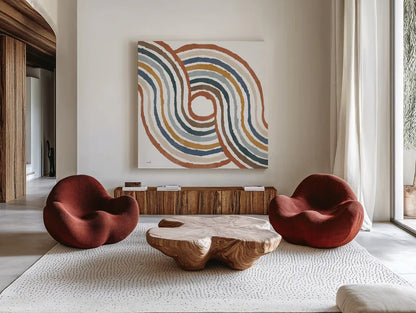 Rainbow Road II Thick Lines by Moira Hershey. Shown as extra-large giant wall art in a modern living room. Available as an archival giclee rolled canvas, fine art paper, or poster print. SKU 57811a.
