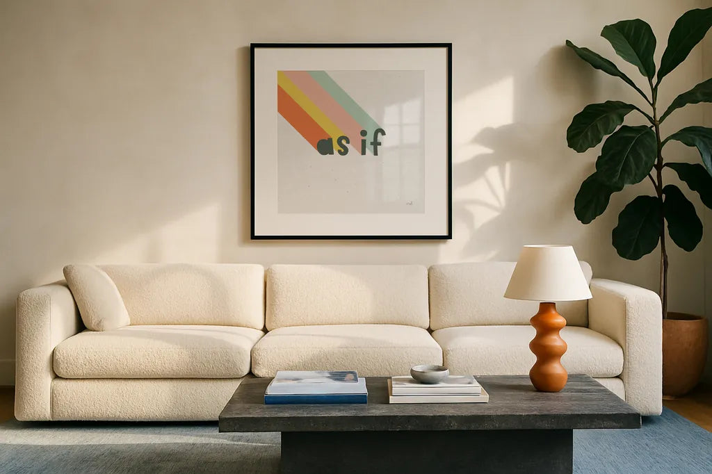 Rainbow Words I Crop by Moira Hershey. Displayed in a glass frame with matte in a clean modern living room. Available as an archival giclee rolled canvas, fine art paper, or poster print. SKU 59229a.