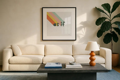 Rainbow Words I Crop by Moira Hershey. Displayed in a glass frame with matte in a clean modern living room. Available as an archival giclee rolled canvas, fine art paper, or poster print. SKU 59229a.