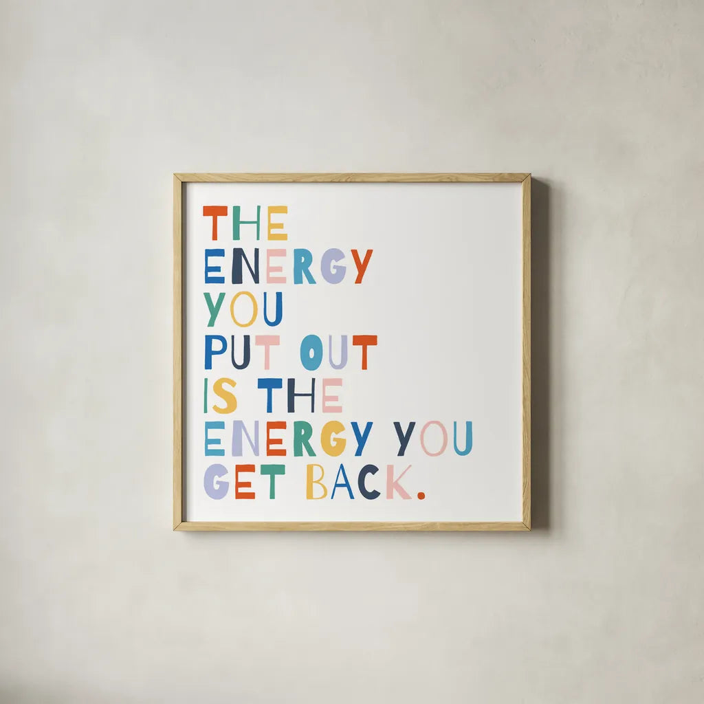 Rainbow Words II by Moira Hershey. Shown in a natural wood glass frame for a timeless modern aesthetic. Available as an archival giclee rolled canvas, fine art paper, or poster print. SKU 64358a.