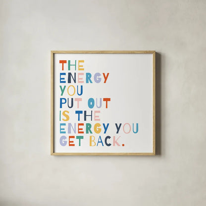 Rainbow Words II by Moira Hershey. Shown in a natural wood glass frame for a timeless modern aesthetic. Available as an archival giclee rolled canvas, fine art paper, or poster print. SKU 64358a.