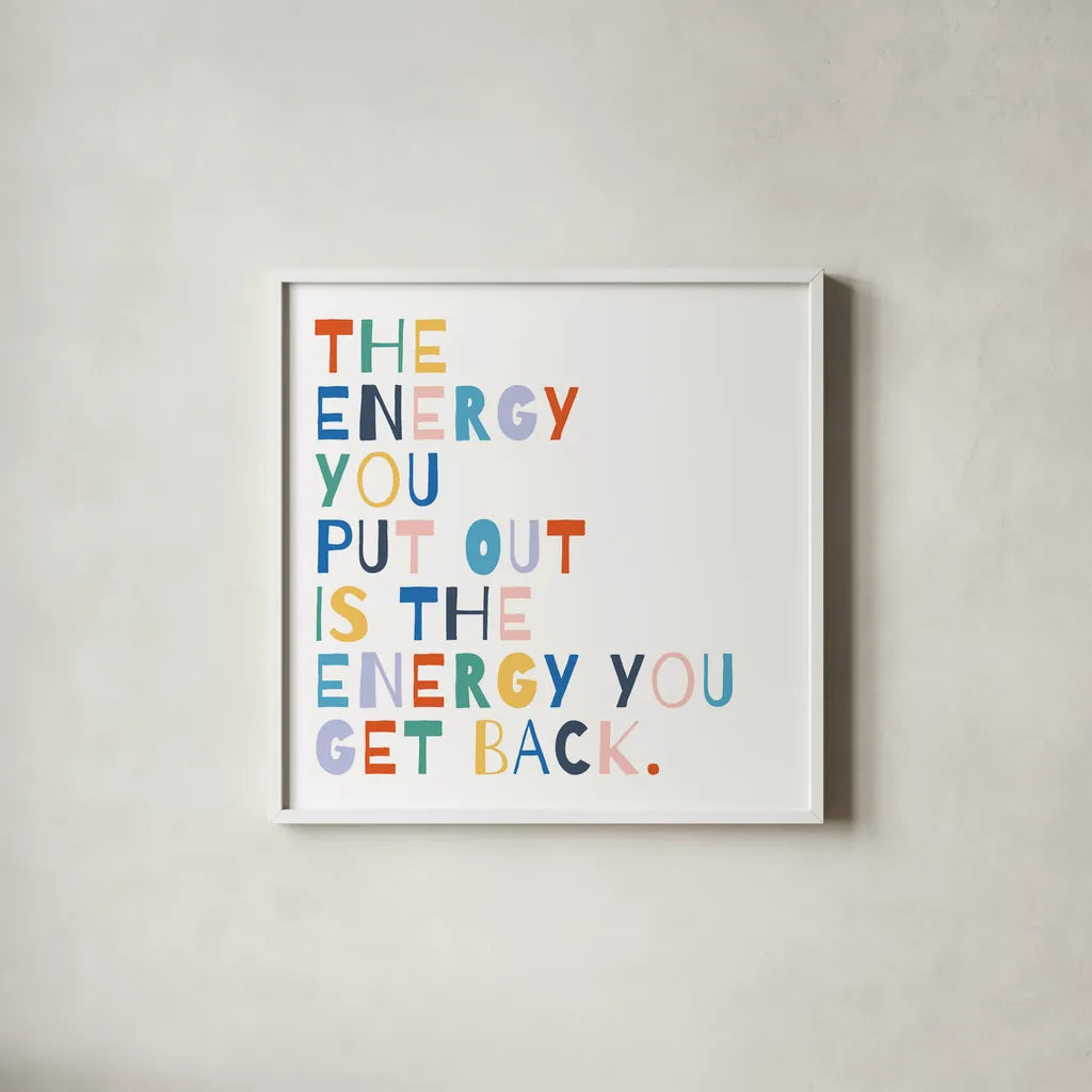 Rainbow Words II by Moira Hershey. Shown in a crisp white glass frame for a clean and minimalist style. Available as an archival giclee rolled canvas, fine art paper, or poster print. SKU 64358a.