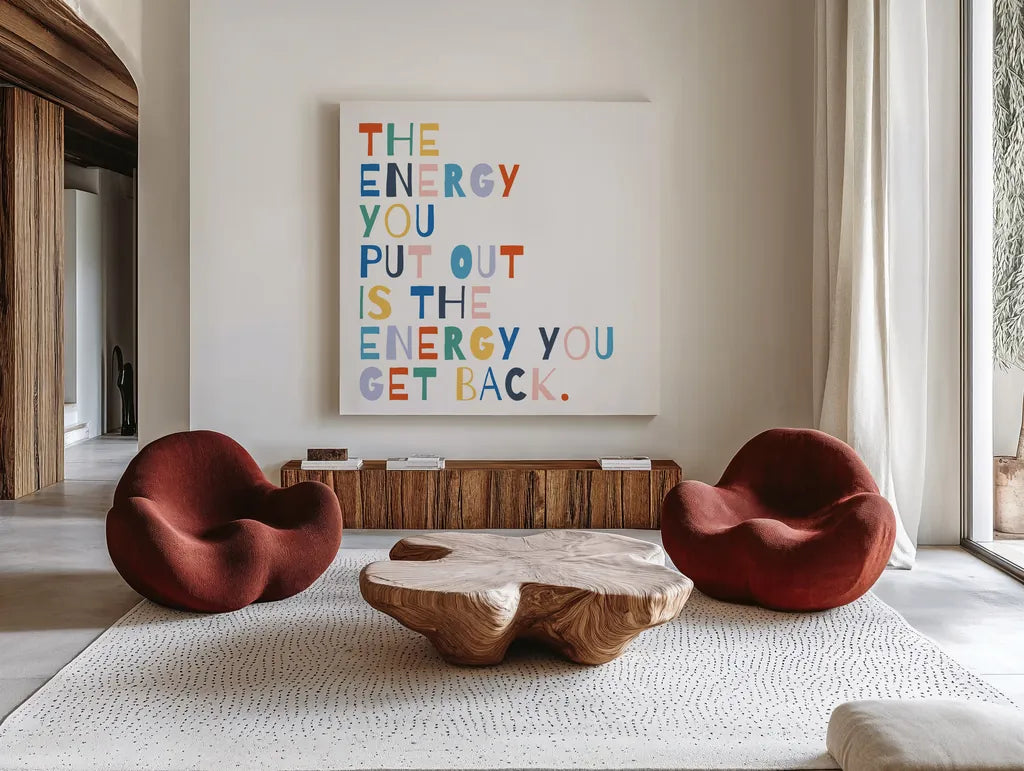 Rainbow Words II by Moira Hershey. Shown as extra-large giant wall art in a modern living room. Available as an archival giclee rolled canvas, fine art paper, or poster print. SKU 64358a.
