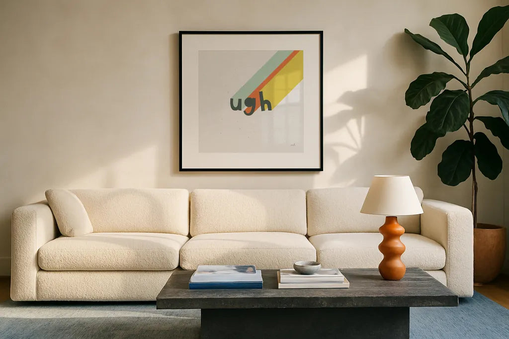 Rainbow Words II Crop by Moira Hershey. Displayed in a glass frame with matte in a clean modern living room. Available as an archival giclee rolled canvas, fine art paper, or poster print. SKU 59230a.