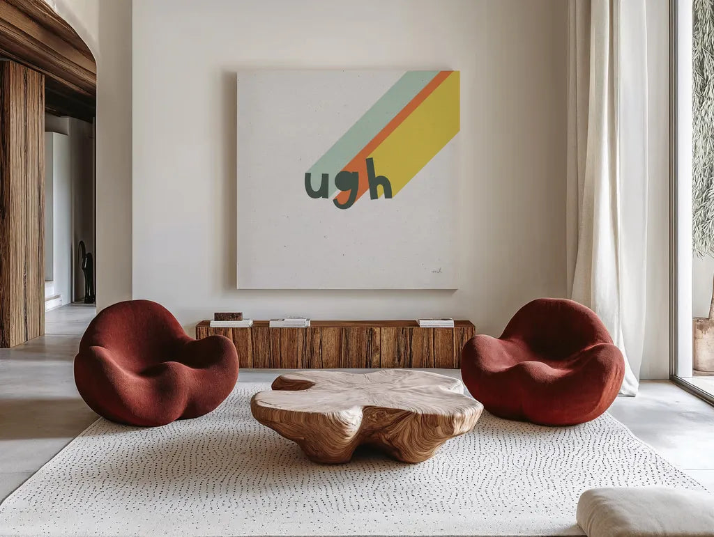 Rainbow Words II Crop by Moira Hershey. Shown as extra-large giant wall art in a modern living room. Available as an archival giclee rolled canvas, fine art paper, or poster print. SKU 59230a.