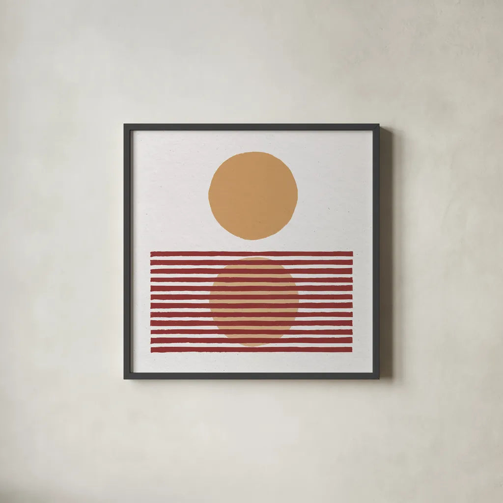 Reflection I Yellow Red by Moira Hershey. Shown in a sleek black glass frame for a contemporary gallery look. Available as an archival giclee rolled canvas, fine art paper, or poster print. SKU 70332a.