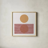 Reflection I Yellow Red by Moira Hershey. Shown in a natural wood glass frame for a timeless modern aesthetic. Available as an archival giclee rolled canvas, fine art paper, or poster print. SKU 70332a.