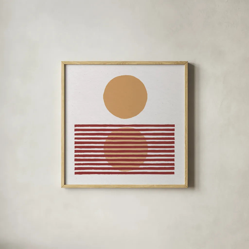 Reflection I Yellow Red by Moira Hershey. Shown in a natural wood glass frame for a timeless modern aesthetic. Available as an archival giclee rolled canvas, fine art paper, or poster print. SKU 70332a.