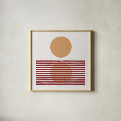 Reflection I Yellow Red by Moira Hershey. Shown in a natural wood glass frame for a timeless modern aesthetic. Available as an archival giclee rolled canvas, fine art paper, or poster print. SKU 70332a.