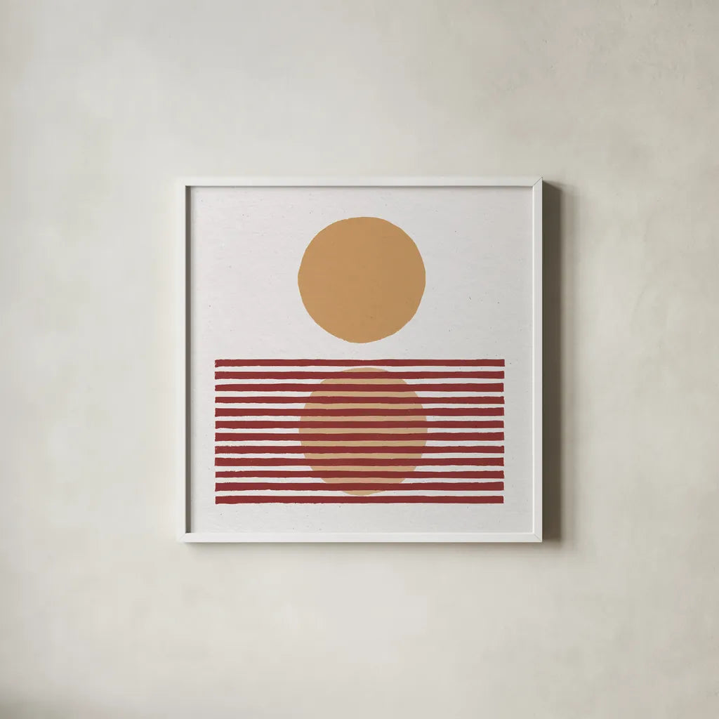Reflection I Yellow Red by Moira Hershey. Shown in a crisp white glass frame for a clean and minimalist style. Available as an archival giclee rolled canvas, fine art paper, or poster print. SKU 70332a.