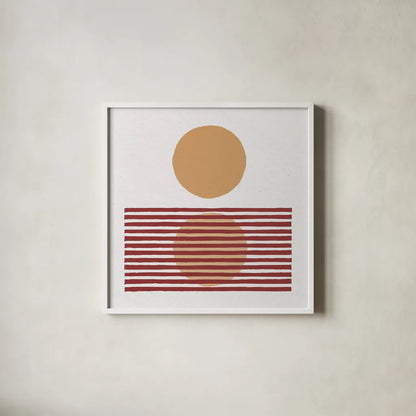 Reflection I Yellow Red by Moira Hershey. Shown in a crisp white glass frame for a clean and minimalist style. Available as an archival giclee rolled canvas, fine art paper, or poster print. SKU 70332a.