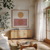 Reflection I Yellow Red by Moira Hershey. Shown in a natural wood frame in a cozy modern living room. Available as an archival giclee rolled canvas, fine art paper, or poster print. SKU 70332a.
