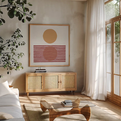 Reflection I Yellow Red by Moira Hershey. Shown in a natural wood frame in a cozy modern living room. Available as an archival giclee rolled canvas, fine art paper, or poster print. SKU 70332a.