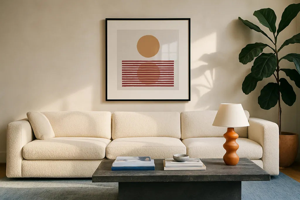 Reflection I Yellow Red by Moira Hershey. Displayed in a glass frame with matte in a clean modern living room. Available as an archival giclee rolled canvas, fine art paper, or poster print. SKU 70332a.