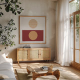 Reflection II Red Yellow by Moira Hershey. Shown in a natural wood frame in a cozy modern living room. Available as an archival giclee rolled canvas, fine art paper, or poster print. SKU 70333a.