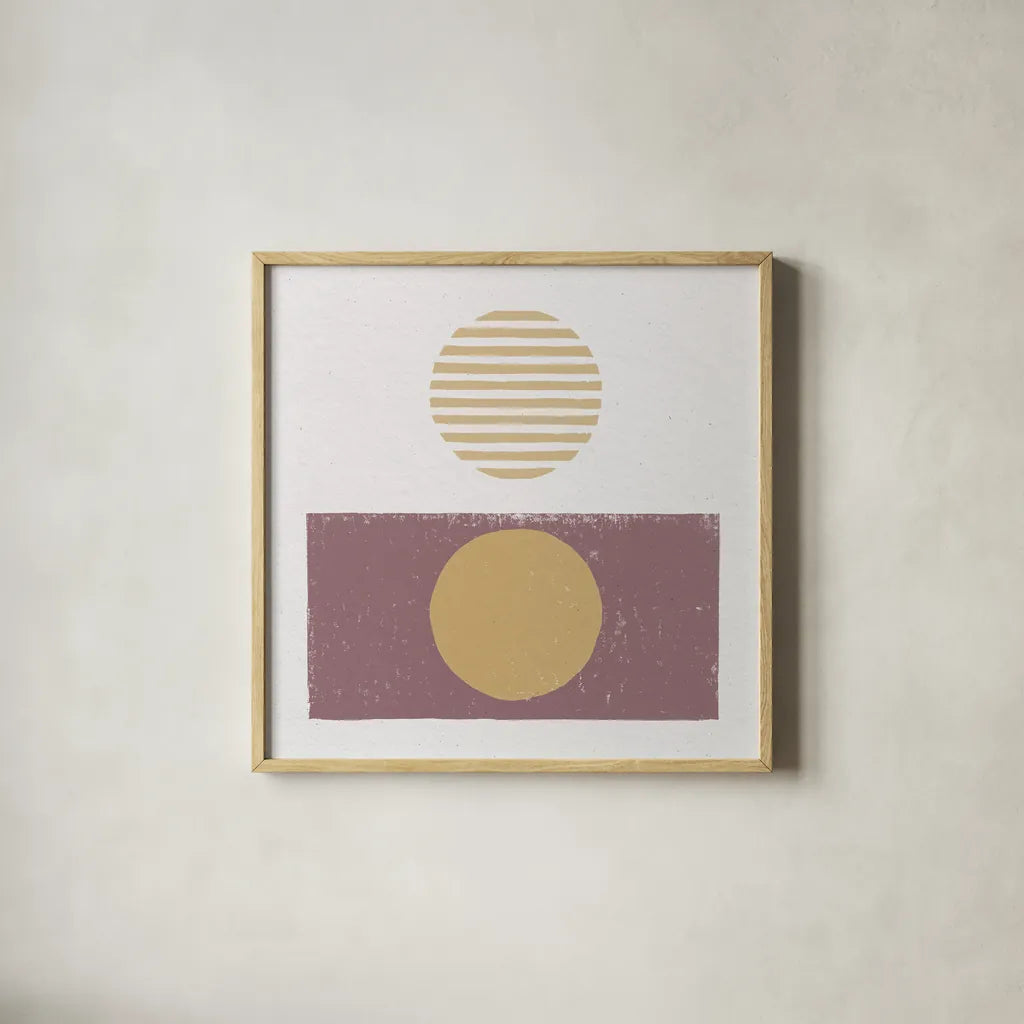 Reflection II Yellow by Moira Hershey. Shown in a natural wood glass frame for a timeless modern aesthetic. Available as an archival giclee rolled canvas, fine art paper, or poster print. SKU 66737a.