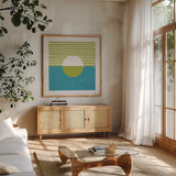 Reflection III Green by Moira Hershey. Shown in a natural wood frame in a cozy modern living room. Available as an archival giclee rolled canvas, fine art paper, or poster print. SKU 72252a.