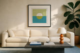 Reflection III Green by Moira Hershey. Displayed in a glass frame with matte in a clean modern living room. Available as an archival giclee rolled canvas, fine art paper, or poster print. SKU 72252a.