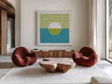 Reflection III Green by Moira Hershey. Shown as extra-large giant wall art in a modern living room. Available as an archival giclee rolled canvas, fine art paper, or poster print. SKU 72252a.