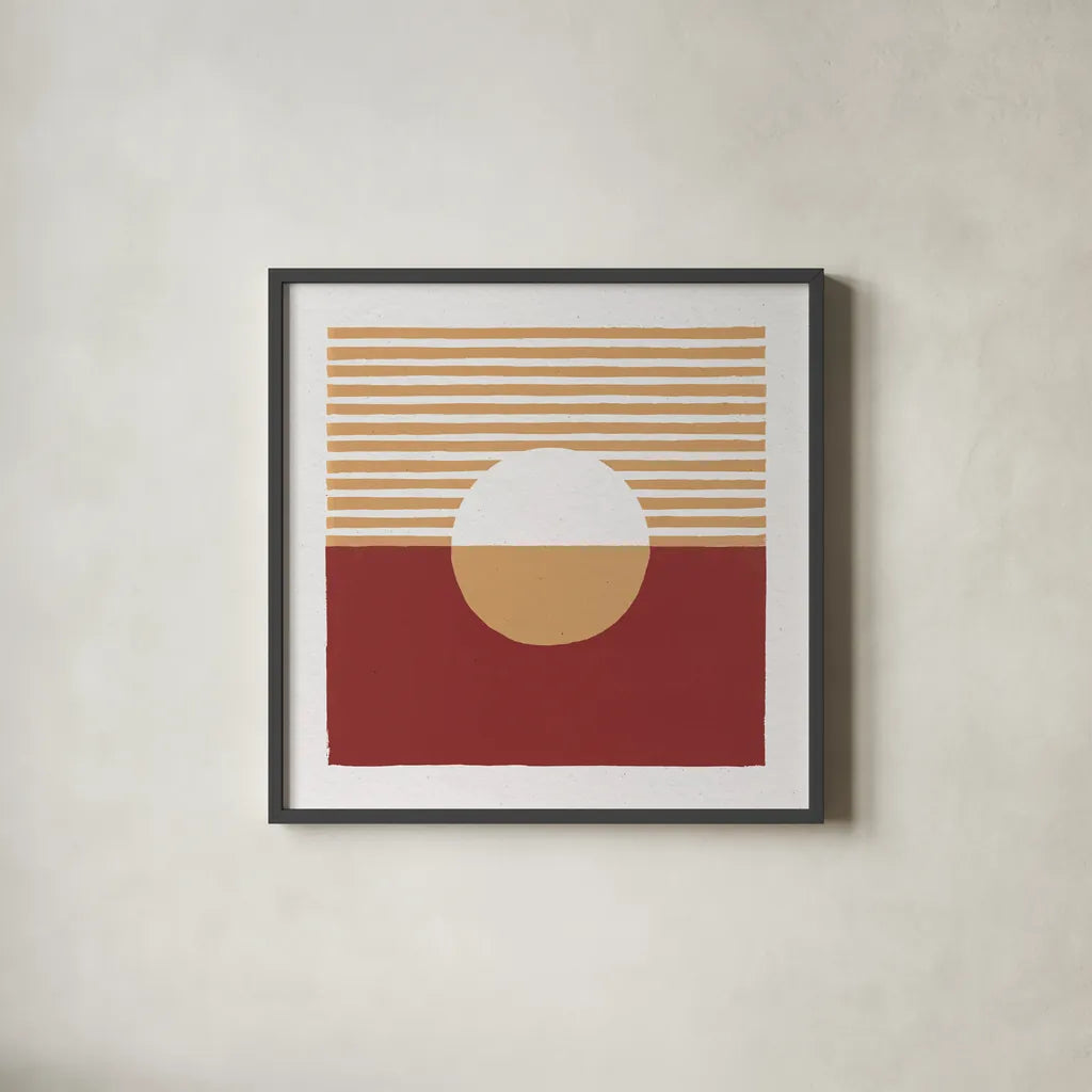 Reflection III Red Yellow by Moira Hershey. Shown in a sleek black glass frame for a contemporary gallery look. Available as an archival giclee rolled canvas, fine art paper, or poster print. SKU 70334a.