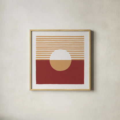 Reflection III Red Yellow by Moira Hershey. Shown in a natural wood glass frame for a timeless modern aesthetic. Available as an archival giclee rolled canvas, fine art paper, or poster print. SKU 70334a.