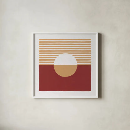 Reflection III Red Yellow by Moira Hershey. Shown in a crisp white glass frame for a clean and minimalist style. Available as an archival giclee rolled canvas, fine art paper, or poster print. SKU 70334a.