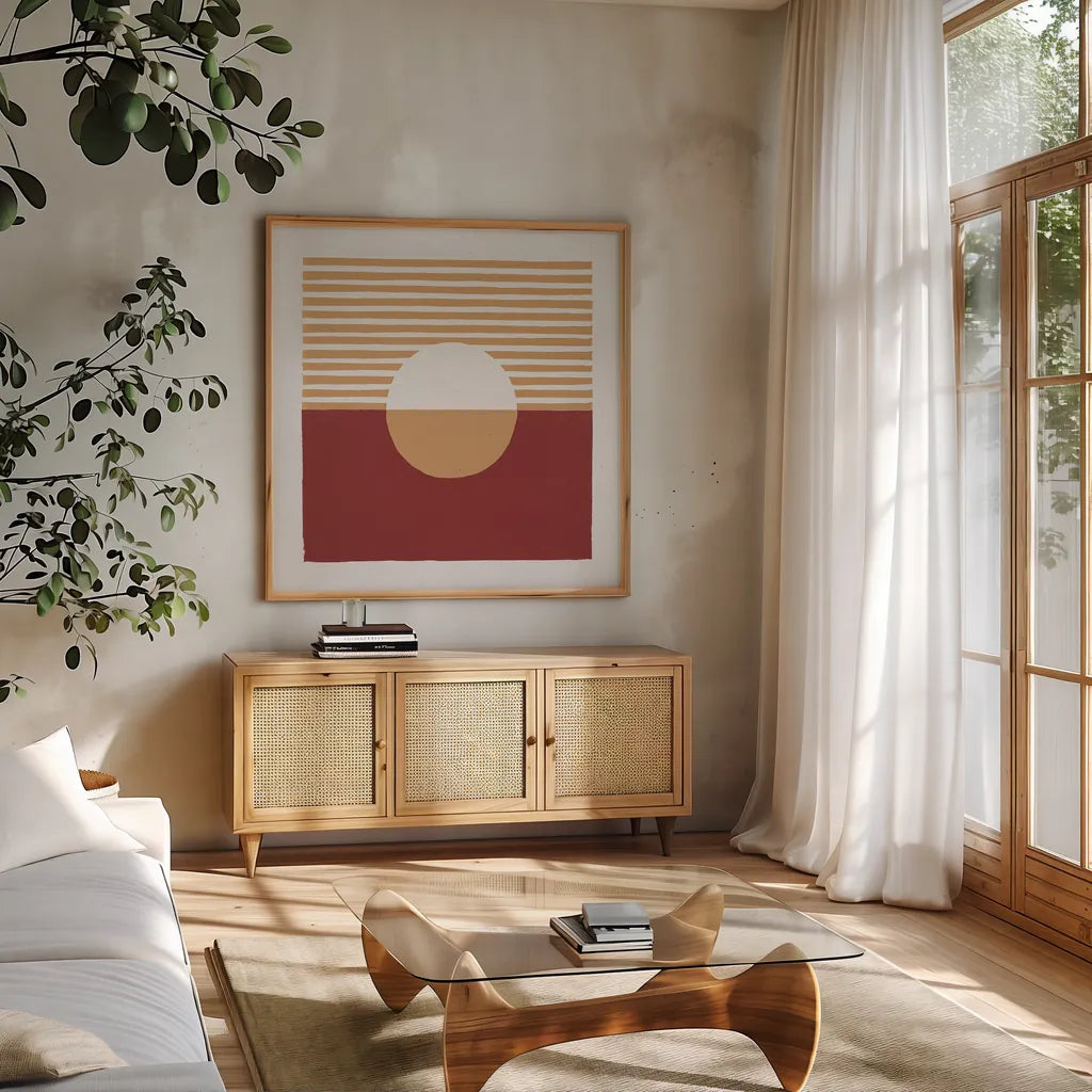 Reflection III Red Yellow by Moira Hershey. Shown in a natural wood frame in a cozy modern living room. Available as an archival giclee rolled canvas, fine art paper, or poster print. SKU 70334a.