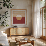 Reflection III Red Yellow by Moira Hershey. Shown in a natural wood frame in a cozy modern living room. Available as an archival giclee rolled canvas, fine art paper, or poster print. SKU 70334a.