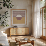 Reflection III Yellow by Moira Hershey. Shown in a natural wood frame in a cozy modern living room. Available as an archival giclee rolled canvas, fine art paper, or poster print. SKU 66738a.