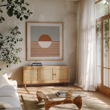 Reflection IV by Moira Hershey. Shown in a natural wood frame in a cozy modern living room. Available as an archival giclee rolled canvas, fine art paper, or poster print. SKU 63376a.