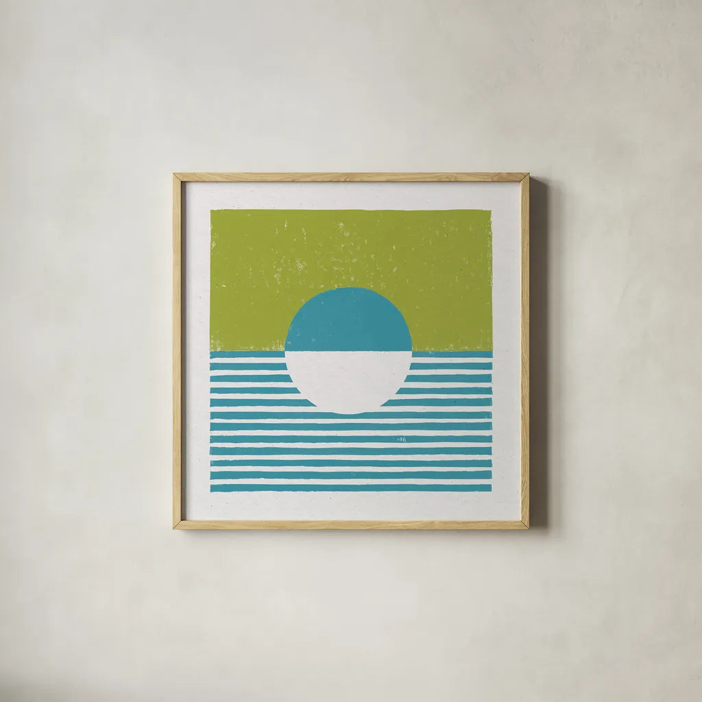 Reflection IV Green by Moira Hershey. Shown in a natural wood glass frame for a timeless modern aesthetic. Available as an archival giclee rolled canvas, fine art paper, or poster print. SKU 72253a.