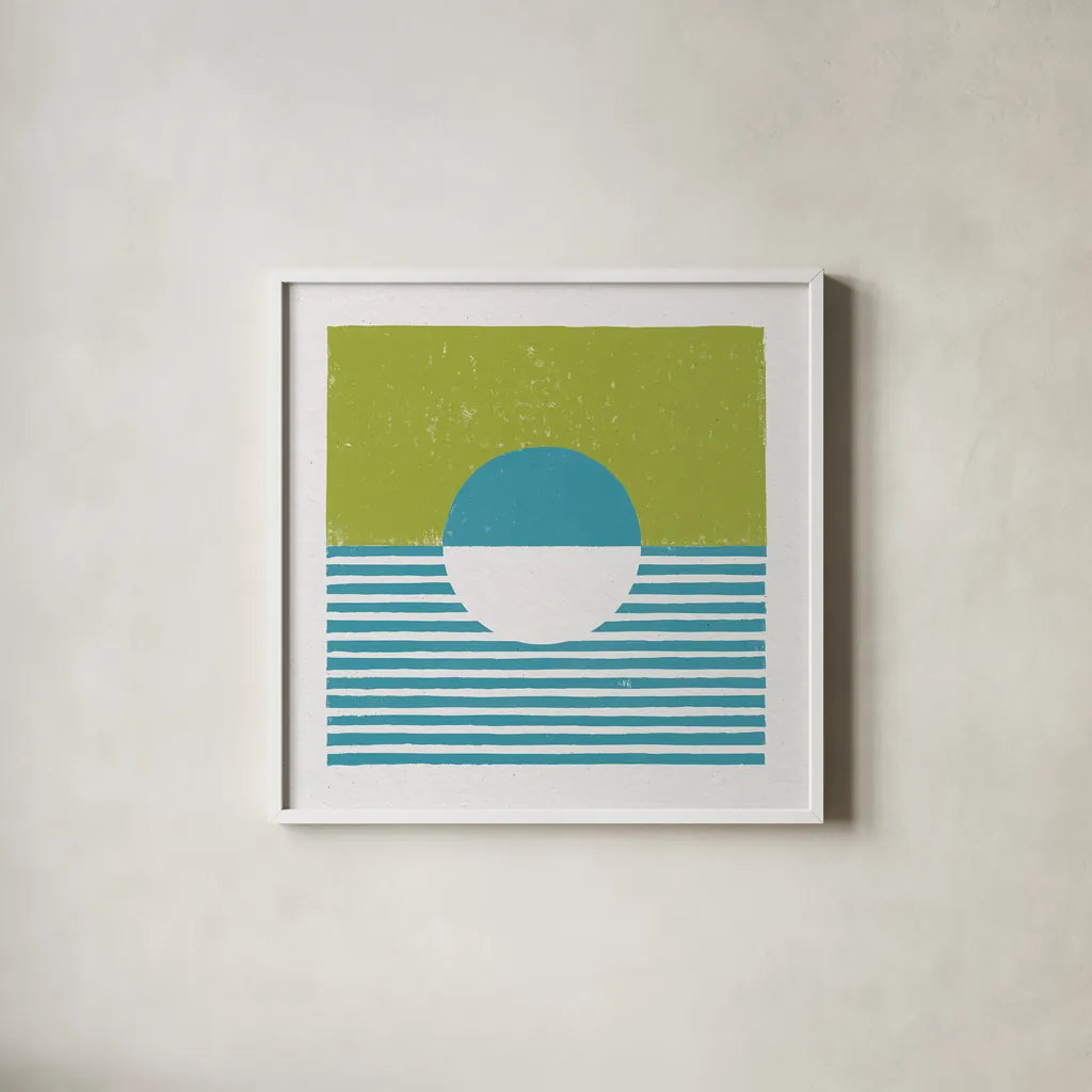 Reflection IV Green by Moira Hershey. Shown in a crisp white glass frame for a clean and minimalist style. Available as an archival giclee rolled canvas, fine art paper, or poster print. SKU 72253a.