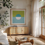Reflection IV Green by Moira Hershey. Shown in a natural wood frame in a cozy modern living room. Available as an archival giclee rolled canvas, fine art paper, or poster print. SKU 72253a.