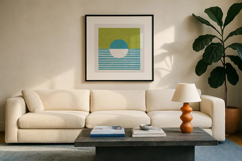 Reflection IV Green by Moira Hershey. Displayed in a glass frame with matte in a clean modern living room. Available as an archival giclee rolled canvas, fine art paper, or poster print. SKU 72253a.