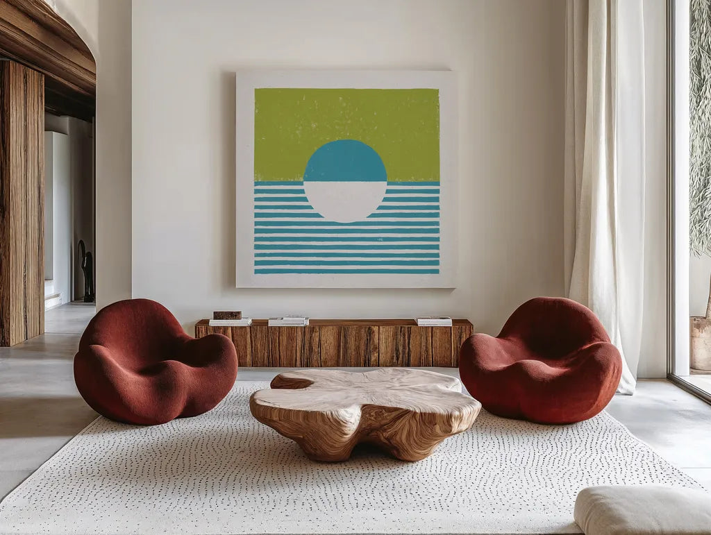 Reflection IV Green by Moira Hershey. Shown as extra-large giant wall art in a modern living room. Available as an archival giclee rolled canvas, fine art paper, or poster print. SKU 72253a.