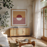 Reflection IV Red Yellow by Moira Hershey. Shown in a natural wood frame in a cozy modern living room. Available as an archival giclee rolled canvas, fine art paper, or poster print. SKU 70335a.