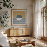 Reflection IV Yellow by Moira Hershey. Shown in a natural wood frame in a cozy modern living room. Available as an archival giclee rolled canvas, fine art paper, or poster print. SKU 66739a.