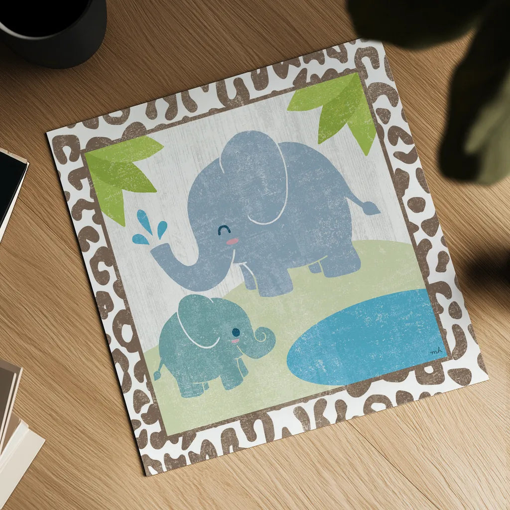 Safari Fun Elephant by Moira Hershey. Shown as a detailed flat fine art print, highlighting archival giclee quality. Available as an archival giclee rolled canvas, fine art paper, or poster print. SKU 19924a.