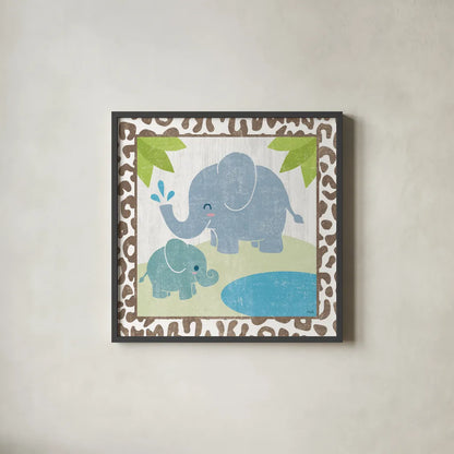 Safari Fun Elephant by Moira Hershey. Shown in a sleek black glass frame for a contemporary gallery look. Available as an archival giclee rolled canvas, fine art paper, or poster print. SKU 19924a.