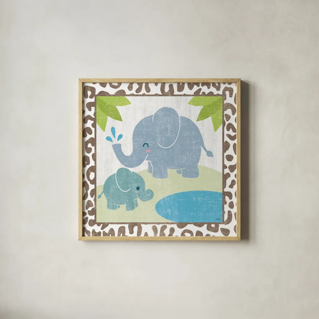 Safari Fun Elephant by Moira Hershey. Shown in a natural wood glass frame for a timeless modern aesthetic. Available as an archival giclee rolled canvas, fine art paper, or poster print. SKU 19924a.