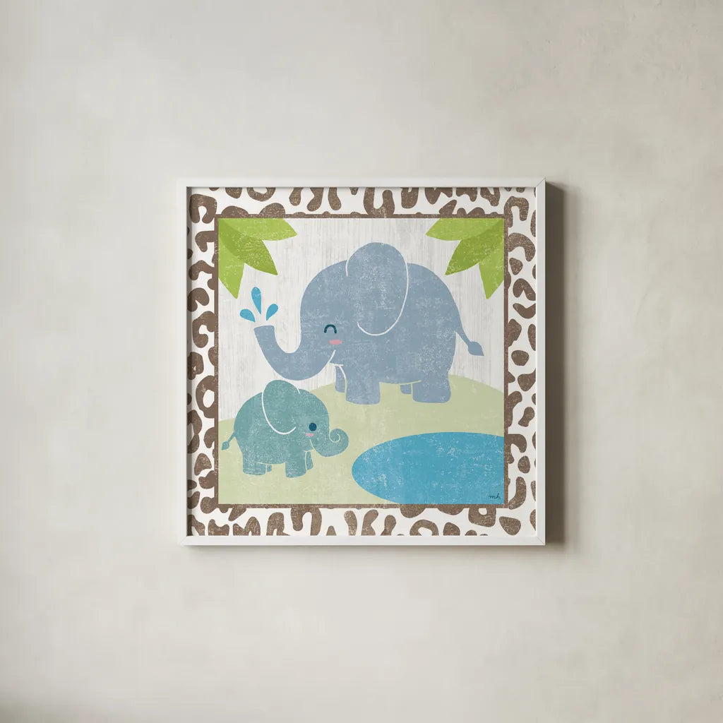 Safari Fun Elephant by Moira Hershey. Shown in a crisp white glass frame for a clean and minimalist style. Available as an archival giclee rolled canvas, fine art paper, or poster print. SKU 19924a.