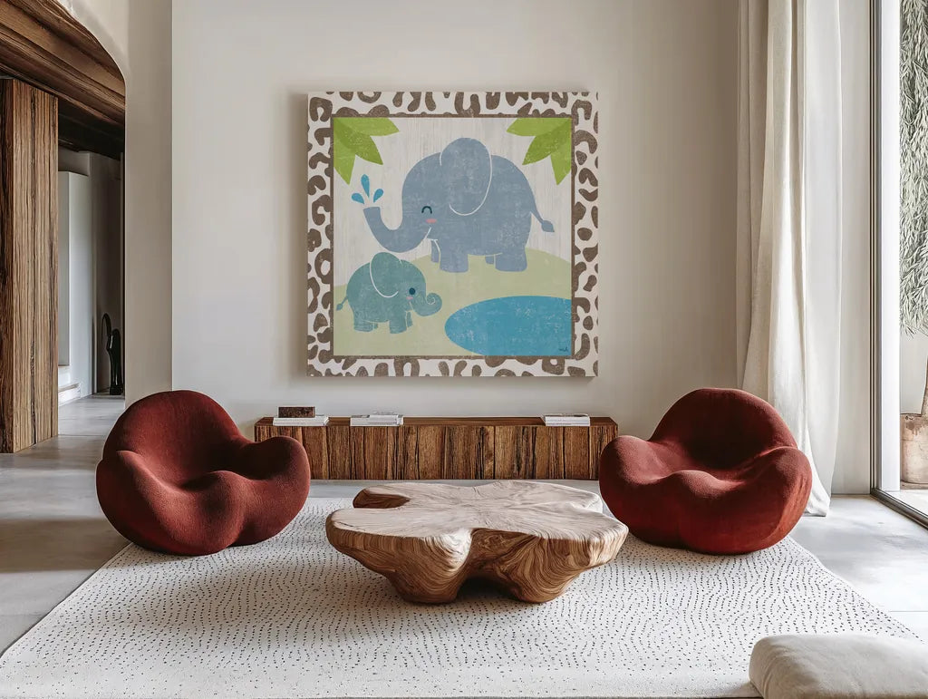 Safari Fun Elephant by Moira Hershey. Shown as extra-large giant wall art in a modern living room. Available as an archival giclee rolled canvas, fine art paper, or poster print. SKU 19924a.
