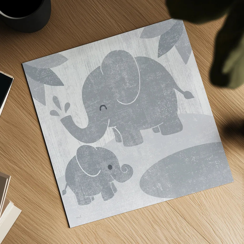 Safari Fun Elephant Gray no Border by Moira Hershey. Shown as a detailed flat fine art print, highlighting archival giclee quality. Available as an archival giclee rolled canvas, fine art paper, or poster print. SKU 49895a.