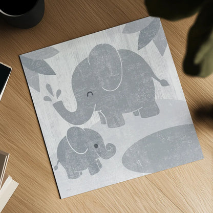 Safari Fun Elephant Gray no Border by Moira Hershey. Shown as a detailed flat fine art print, highlighting archival giclee quality. Available as an archival giclee rolled canvas, fine art paper, or poster print. SKU 49895a.