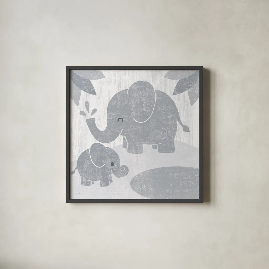 Safari Fun Elephant Gray no Border by Moira Hershey. Shown in a sleek black glass frame for a contemporary gallery look. Available as an archival giclee rolled canvas, fine art paper, or poster print. SKU 49895a.