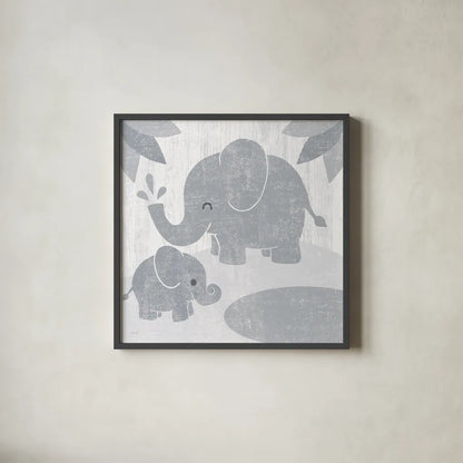 Safari Fun Elephant Gray no Border by Moira Hershey. Shown in a sleek black glass frame for a contemporary gallery look. Available as an archival giclee rolled canvas, fine art paper, or poster print. SKU 49895a.