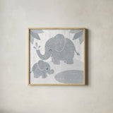 Safari Fun Elephant Gray no Border by Moira Hershey. Shown in a natural wood glass frame for a timeless modern aesthetic. Available as an archival giclee rolled canvas, fine art paper, or poster print. SKU 49895a.